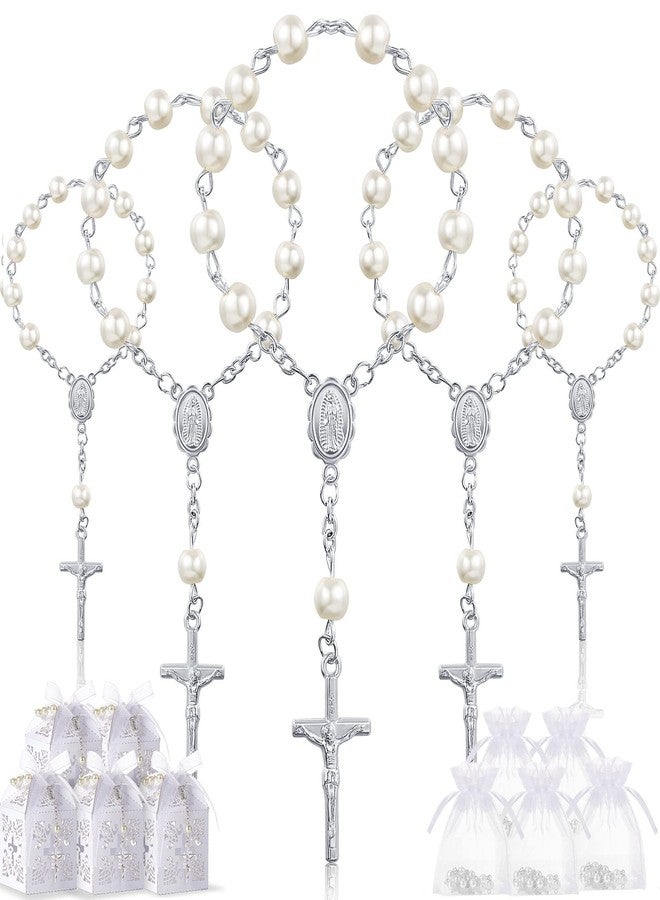 Bonuci 50 Packs Baptism Favors Set Acrylic Rosary Beads Faux Pearls with Organza Bags and Cross Baptism Favor Boxes Recuerdo De Boda Y Bautizo for Christening Weddings Party Favors(Silver Pearl Bracelet) - Image 1